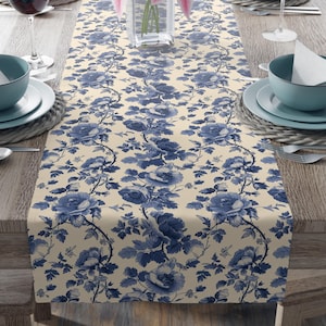 Toile de Jouy Table Runner (Cotton, Poly) Blue French Floral Table Runner Flower Table Runner