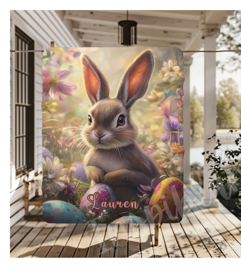 Personalized Cute Easter Blanket, Custom Easter Blanket for Bunny Lovers Cute Bunny Blanket Rabbit Sherpa Fleece Blanket Rabbit Blanket Gift image 1