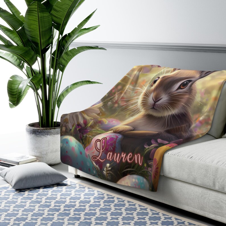 Personalized Cute Easter Blanket, Custom Easter Blanket for Bunny Lovers Cute Bunny Blanket Rabbit Sherpa Fleece Blanket Rabbit Blanket Gift 60" × 80"
