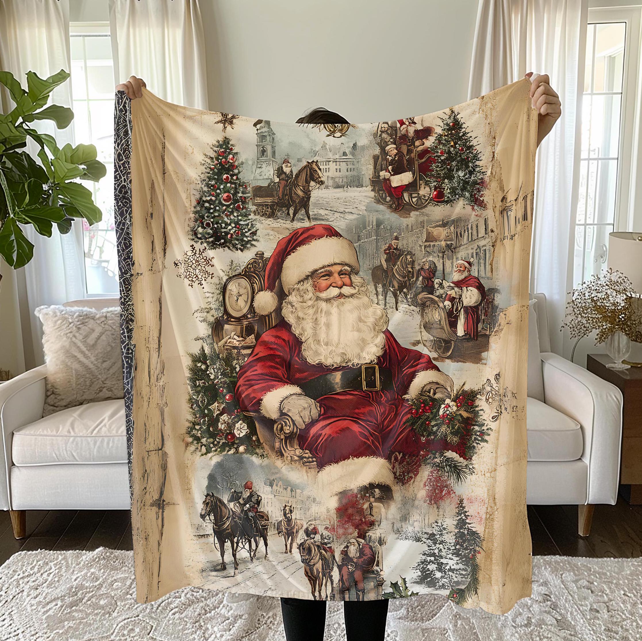 Vintage Christmas Sherpa Fleece Blanket Vintage Santa Blanket