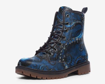 Octopus Boots Blue Octopus Boots Vegan Leather Boots Scuba Diver Boots Gothic Boots Combat Boots Casual Leather Lightweight boots MT