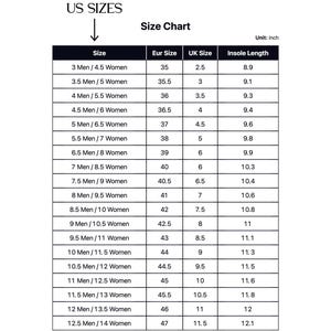 May include: A size chart for shoes, showing US, UK, and European sizes, along with the corresponding insole length in inches. The chart lists sizes for both men and women.