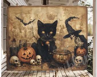 Coperta vintage di Halloween, coperta da strega con gatto nero gotico, coperta da farmacia di Halloween, coperta in pile Sherpa da farmacia di Halloween vintage