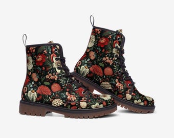 May include: Black lace-up boots with a floral print featuring red, pink, and white flowers on a dark green background.