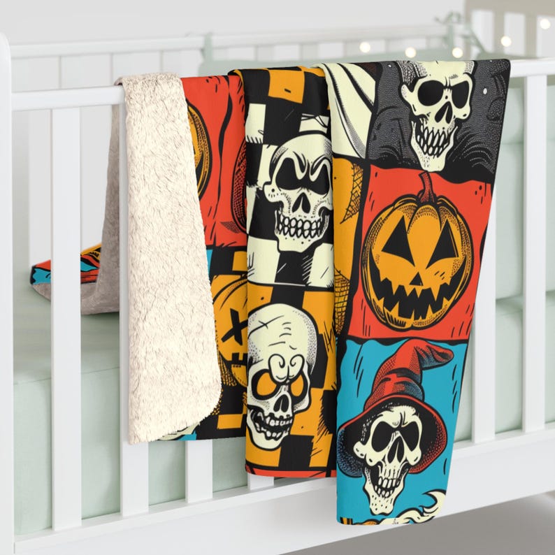 May include: A colourful Halloween-themed throw blanket with a patchwork design featuring skulls, pumpkins, and a witch's hat. The blanket is made of soft, plush fabric and is perfect for adding a spooky touch to your home decor.