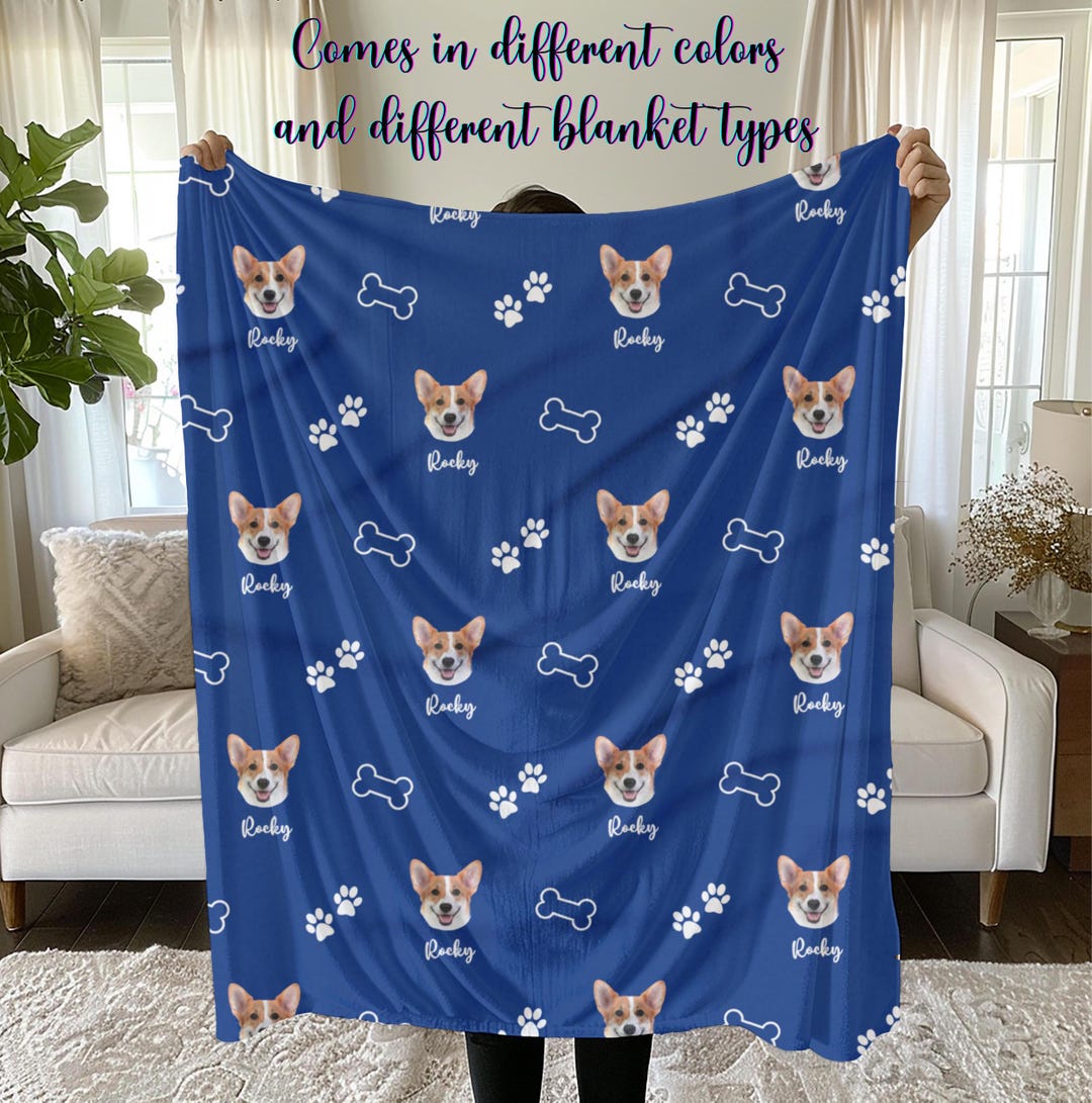 Custom Pet Photo Blanket With Name, Dog Face Blanket, Personalized Pet ...