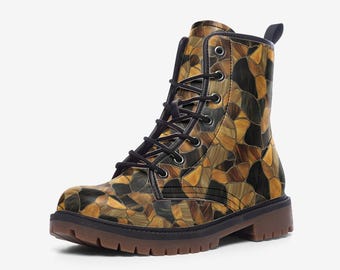May include: A combat boot with a mosaic pattern in shades of brown, tan, and black. The boot has a lace-up closure with black laces, a rounded toe, and a brown sole. The boot is made of a leather-like material.