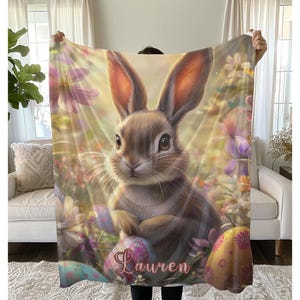 Personalized Cute Easter Blanket, Custom Easter Blanket for Bunny Lovers Cute Bunny Blanket Rabbit Sherpa Fleece Blanket Rabbit Blanket Gift image 2