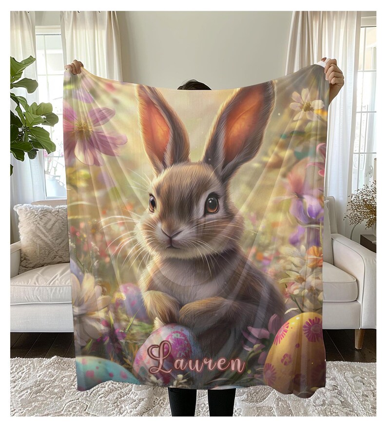 Personalized Cute Easter Blanket, Custom Easter Blanket for Bunny Lovers Cute Bunny Blanket Rabbit Sherpa Fleece Blanket Rabbit Blanket Gift image 2