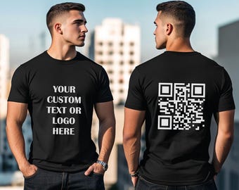 May include: Two black t-shirts, one with a QR code on the back and the other with the text "YOUR CUSTOM TEXT OR LOGO HERE" on the front.