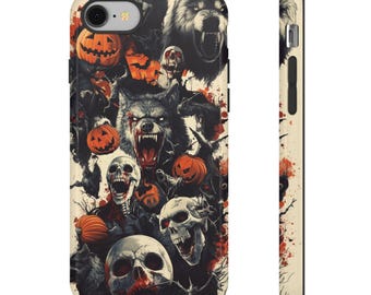 May include: A black iPhone case with a Halloween-themed design. The case features a variety of spooky images, including pumpkins, skulls, and wolves. The background is a dark red and black color.