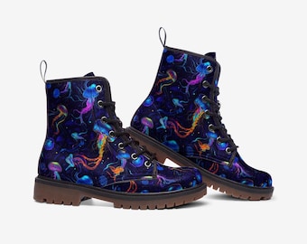 Neon Jellyfish Combat Boots Marine Boots Jellyfish Casual Vegan Leather Lightweight boots