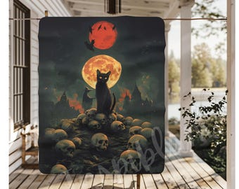 Coperta vintage di Halloween, coperta da strega con gatto nero gotico, coperta da officina di Halloween, coperta vintage in pile Sherpa con gatto nero gotico di Halloween
