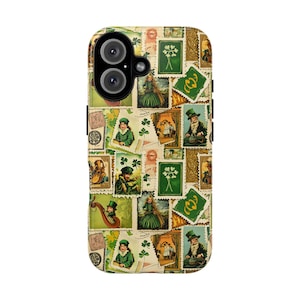 May include: A phone case featuring a collage of vintage-style stamps with images of people in green attire, shamrocks, and other Irish-themed designs. The case has a glossy finish and a camera cutout.
