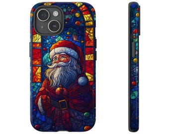 Stained Glass Santa Phone Case Christmas Phone Case iPhone Tough Phone Cases Samsung Phone Case White Christmas Santa Claus Phone Case
