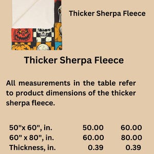 May include: A white sherpa fleece blanket with a Halloween-themed print featuring jack-o'-lanterns, skulls, and checkered patterns. The blanket is available in two sizes: 50 inches by 60 inches and 60 inches by 80 inches. The thickness of the blanket is 0.39 inches.
