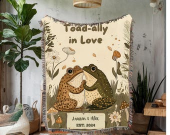 Personalized Frog Couple Woven Blanket Anniversary Gift Custom Blanket Woodland Cottagecore Woven Blanket Wedding Gift Couples Blanket