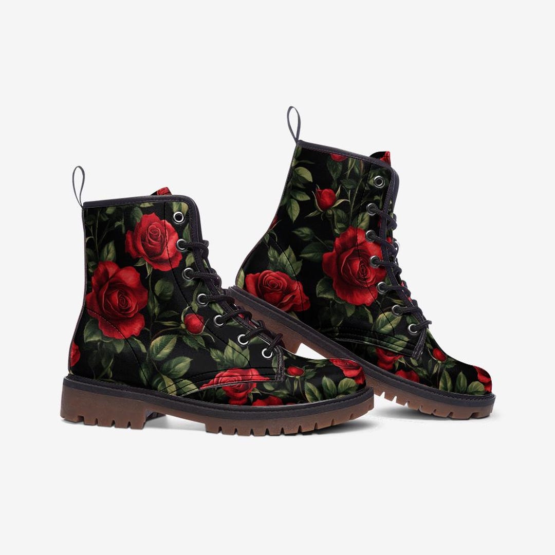 Red Doodle Rose Floral Women's Boots