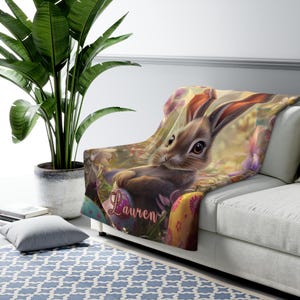 Personalized Cute Easter Blanket, Custom Easter Blanket for Bunny Lovers Cute Bunny Blanket Rabbit Sherpa Fleece Blanket Rabbit Blanket Gift 50" × 60"