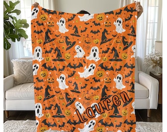 Personalized Halloween Sherpa Fleece Blanket Custom Halloween Fleece Sherpa Blanket Cute Ghosts Cozy Halloween Decor Halloween Home Decor