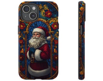 Stained Glass Santa Phone Case Christmas Phone Case iPhone Tough Phone Cases Samsung Phone Case White Christmas Santa Claus Phone Case