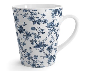Toile de Jouy Mug Toile de Jouy Latte Mug French Floral Mug Boho Floral Coffee Mug Blue Toile Mug