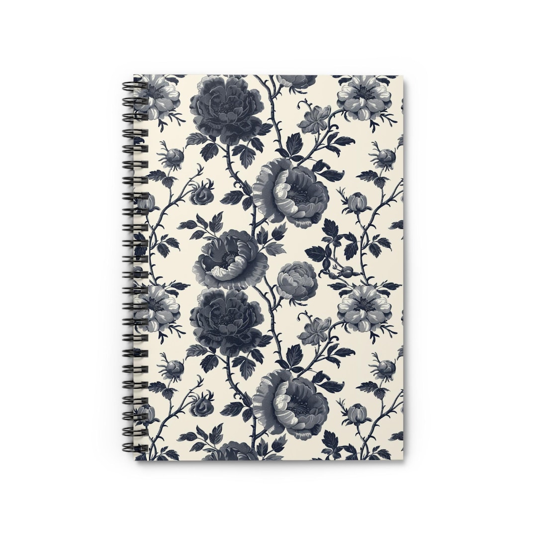 Black French Floral Spiral Notebook - Ruled Line Toile De Jouy Spiral ...