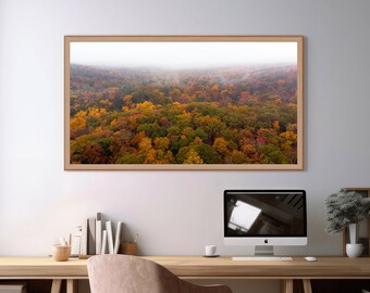 May include: A home office featuring a wooden desk, a brown chair, a computer monitor, and a framed photograph of an autumnal forest.