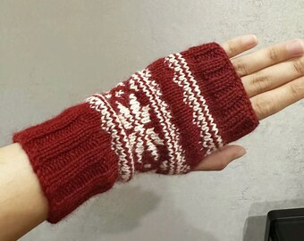 Guantes cálidos de invierno con dedos abiertos y estampado de hojas tejidos a mano