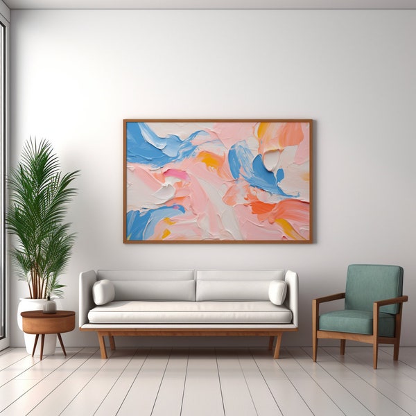 Printable Abstract Art, Digital Download, Pastel Art, Impasto Technique, Pink Coral Blue White Yellow Wall Art, Contemporary Digital Print