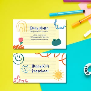 Modelo de cartão de visita pré-escolar (faça você mesmo, personalizável no Canva, para impressão, cartão de visita com design alegre desenhado à mão)