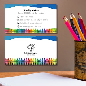 Modelo de cartão de visita para puericultura (faça você mesmo, personalizável em Canva, para impressão, cartão telefônico com giz de cera colorido)