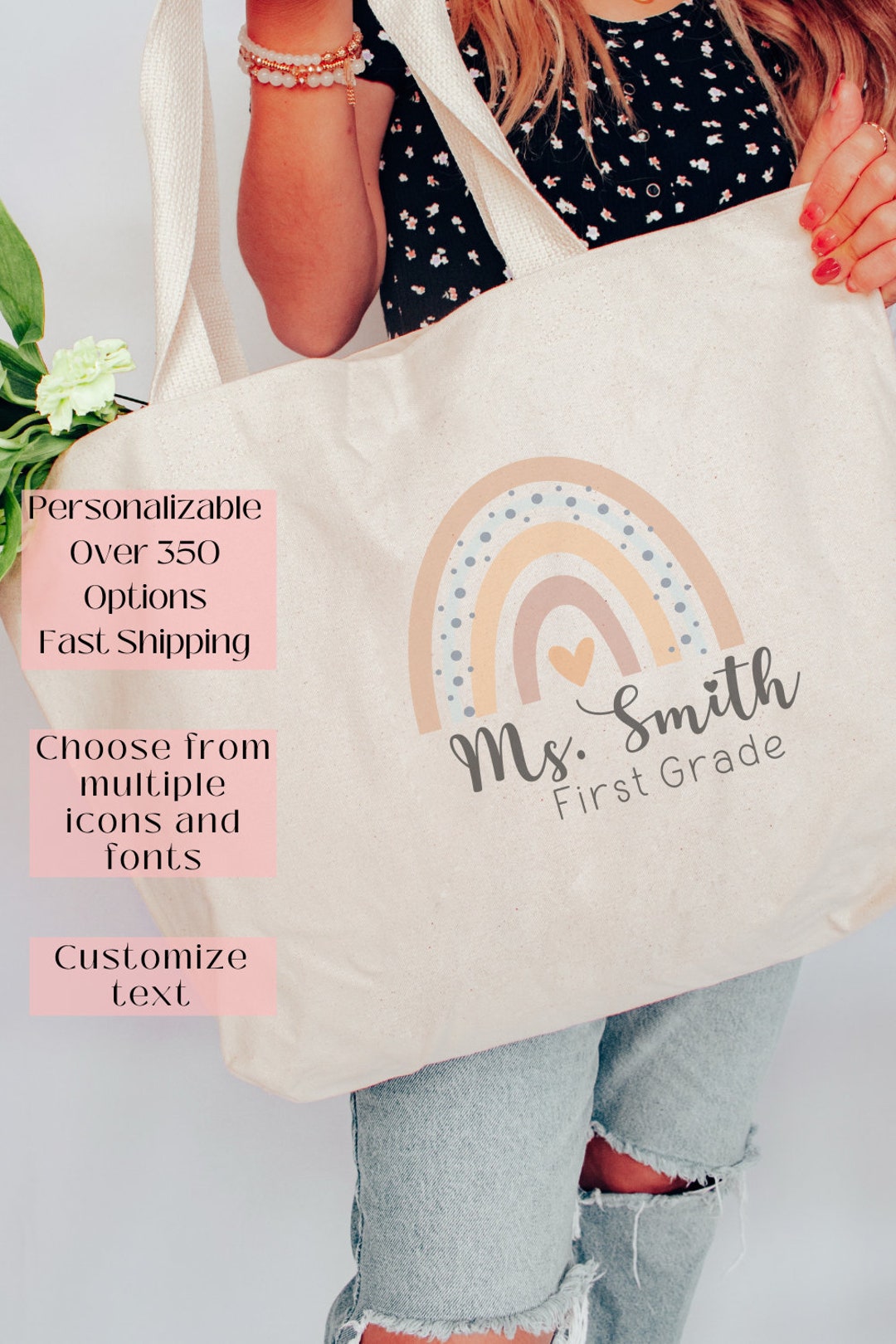 Customizable Teacher Tote Bag Teacher Appreciation Gift Rainbow Tote ...