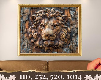 Lion Puzzle Wooden Style Lion Jigsaw Puzzles Lion Wood Panel Effect Puzzle Carved Wood Style Jungle Animal Puzzle Christmas Gift Idea