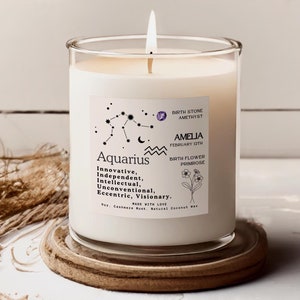 Custom Birthdate Candle Personalized Birth Month Candle Aquarius Gift for Her Birthday Candle Astrology Gifts Birth Stone Flower Zodiac Gift