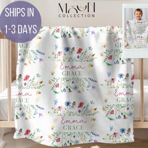 Custom Wildflower Swaddle Blanket Flower Baby Name Blanket, Personalized Girl Swaddle, New Mom Gift, Newborn Gift, Baby Shower Gift Nursery