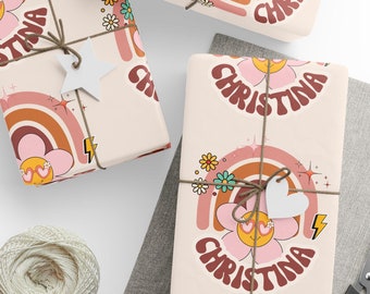 Papel de regalo personalizado con collage de nombres retro personalizado, papel de regalo con nombre personalizado, papel de regalo personalizado, rollo de papel de regalo de cumpleaños retro
