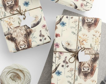 Highland Cow Wildflowers Wrapping Paper Cute Cows Floral Birthday Holiday Farm Animals Wrap Cowboy Western Theme Birthday Wrapping Paper