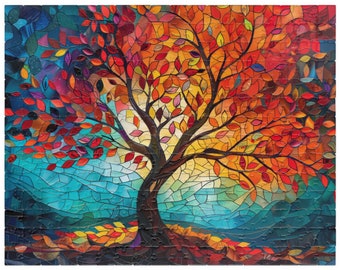 May include: A colorful mosaic-style painting of a tree with red, orange, and yellow leaves. The tree is set against a blue and green background.