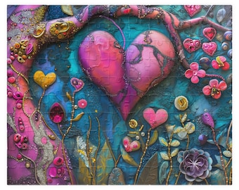 Pink Heart Flowers Rocks Jigsaw Puzzle 1000 Piece Tree Fantasy Art Puzzle for Adults, Couples, Valentines day, Anniversary Gift Idea For Her