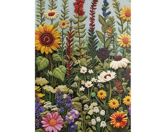 May include: A colorful mosaic art piece depicting a garden scene with various flowers, including sunflowers, daisies, and other blooms. The flowers are arranged in a vertical composition, creating a sense of depth and texture.