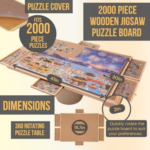 2000 Piece Puzzle Jigsaw Board with 6Drawers Rotating Wooden Puzzle Table Jigsaw Portable Puzzle Table Cover,Christmas Gift,Fathers Day Gift