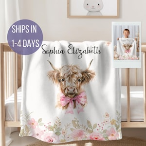 Highland Cow Swaddle Blanket Cow Baby Blanket,Custom Name Blanket,Highland Cow Theme,Baby Shower,Toddler Birthday Gift,Baby Blanket w Name