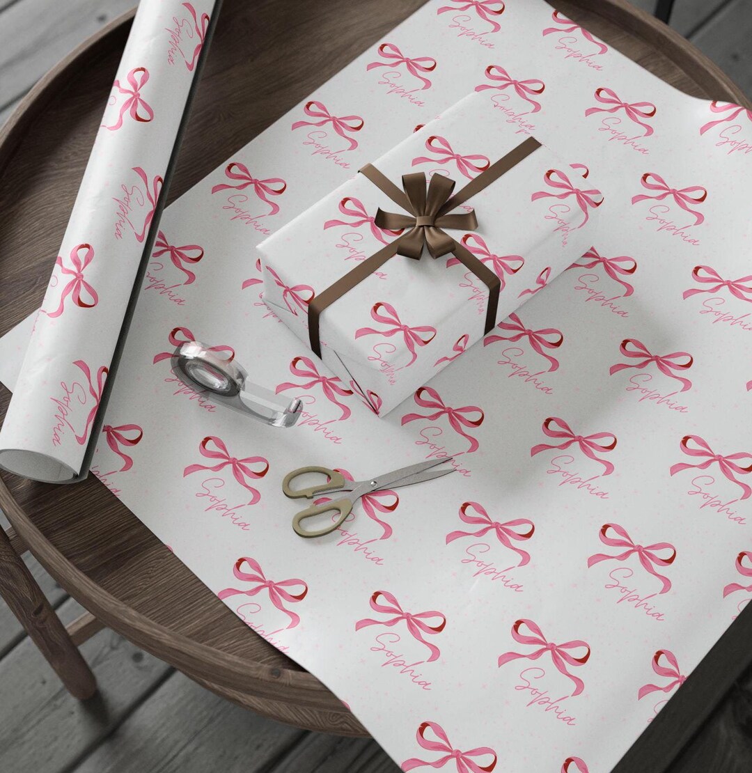 Custom Name Collage Personalized Wrapping Paper Pink Bow Personalized ...