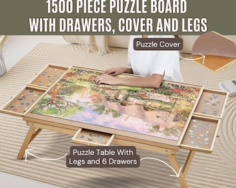 May include: A wooden puzzle table with six drawers and foldable legs. The table is designed to hold a 1500 piece puzzle and includes a cover to protect the completed puzzle. The table is made of natural wood and has a light brown finish.
