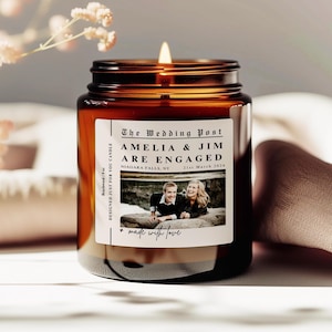 Engagement Personalized Gift Candle Custom Name Date Photo Candle, Engaged Couples&#39; Gift for her Engagement Candle Gift engaged Date Candle