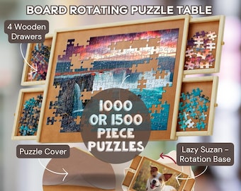 Puzzle Jigsaw Board with 4Drawers Rotating Wooden Puzzle Table 1500 Piece Jigsaw Portable Puzzle Table Cover,Christmas Gift,Fathers Day Gift
