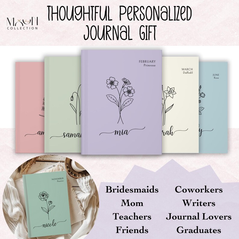 Personalized Birth Month Flower Name Notebook, Custom Travel Journal ...