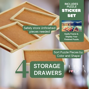 May include: Wooden puzzle storage box with four drawers. The box has a light brown wood finish and is labeled "STORAGE DRAWERS". The image also includes a sticker set for the puzzle, which is shown in the upper right corner of the image.