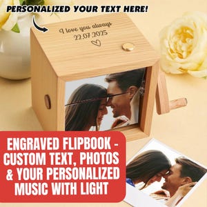 Album fotografico personalizzato con animazione in legno, luce, musica e testo inciso, scatola ricordo personalizzata con foto, regalo di anniversario